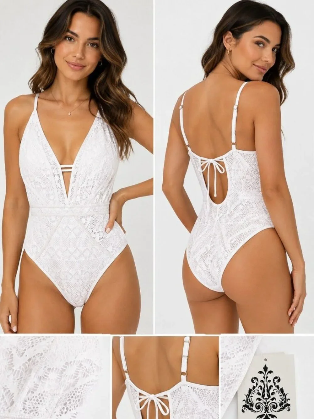 BECCA Women's XL White Lace One Piece Swimsuit Plunge Open Back NWT $118